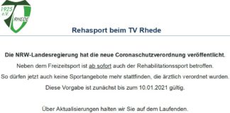 Rehabilitationssport aufgrund aktueller Coronaschutzverordnung eingestellt